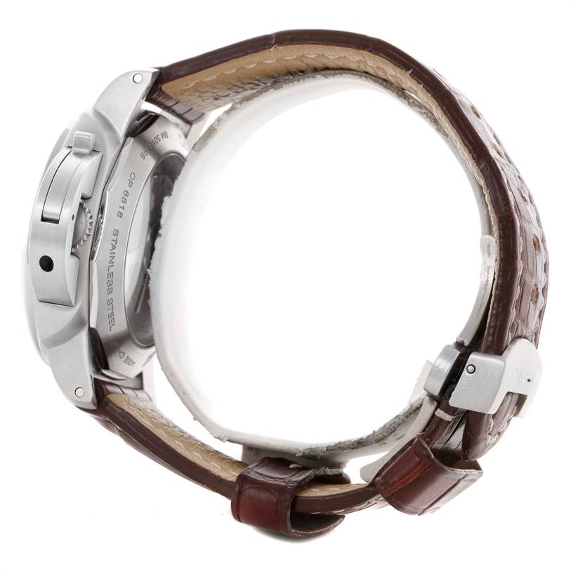 The image shows a side view of the Panerai Luminor PAM00347 Men's Stainless Steel Black Dial PAM00347 Men's Stainless Steel Black Dial watch, focusing on the case, crown protector, and leather strap.