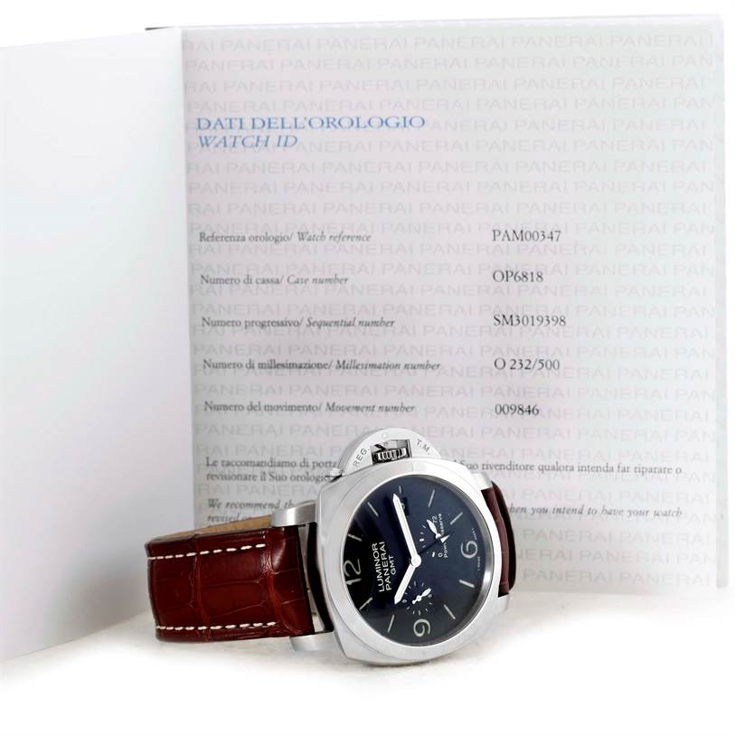 The image shows a Panerai Luminor PAM00347 Men's Stainless Steel Black Dial PAM00347 Men's Stainless Steel Black Dial watch resting on its side, with an open certificate displaying the watch's details in the background.