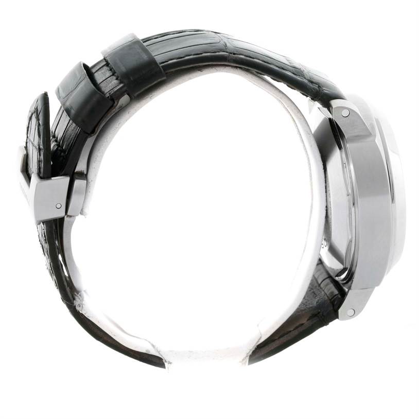 This side-angle view of the Panerai Luminor PAM00241 Men's Stainless Steel Black Dial PAM00241 Men's Stainless Steel Black Dial watch shows the case, strap, and clasp.