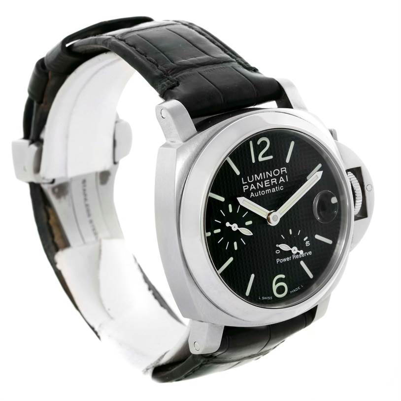 The image shows a Panerai Luminor PAM00241 Men's Stainless Steel Black Dial PAM00241 Men's Stainless Steel Black Dial watch at an angle highlighting the black dial, steel case, and leather strap.