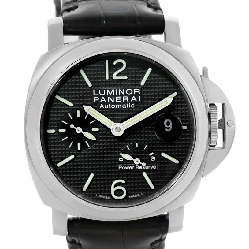 This image displays a front view of a Panerai Luminor PAM00241 Men's Stainless Steel Black Dial PAM00241 Men's Stainless Steel Black Dial watch, showing its face, dial details, and protective crown guard.