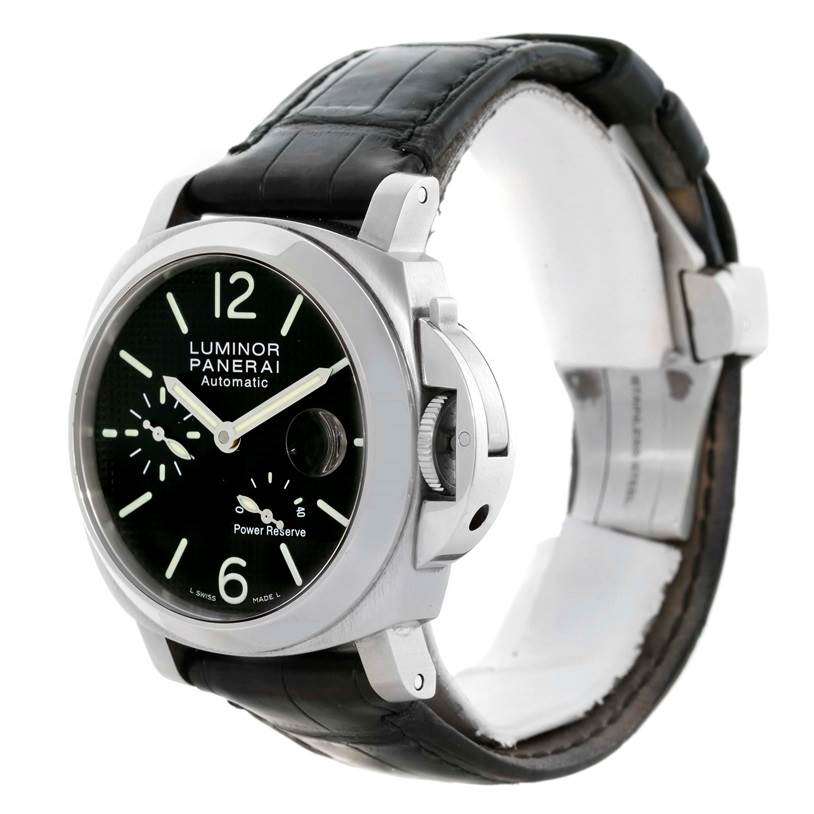 This image shows a side-angle view of a Panerai Luminor PAM00241 Men's Stainless Steel Black Dial PAM00241 Men's Stainless Steel Black Dial watch, highlighting the dial, bezel, strap, and crown guard.