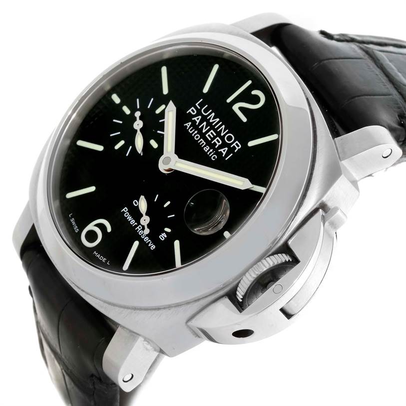 The image shows a close-up side angle of a Panerai Luminor PAM00241 Men's Stainless Steel Black Dial PAM00241 Men's Stainless Steel Black Dial watch, highlighting its dial, crown guard, and black leather strap.