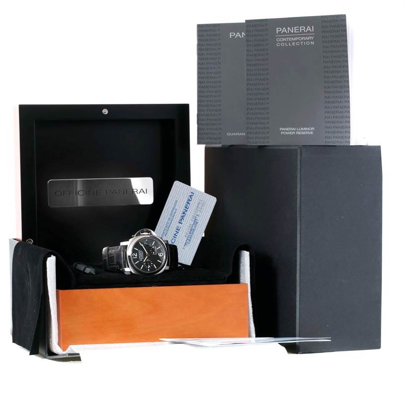 The image shows a Panerai Luminor PAM00241 Men's Stainless Steel Black Dial PAM00241 Men's Stainless Steel Black Dial watch with its box, manuals, and warranty card at a frontal angle.