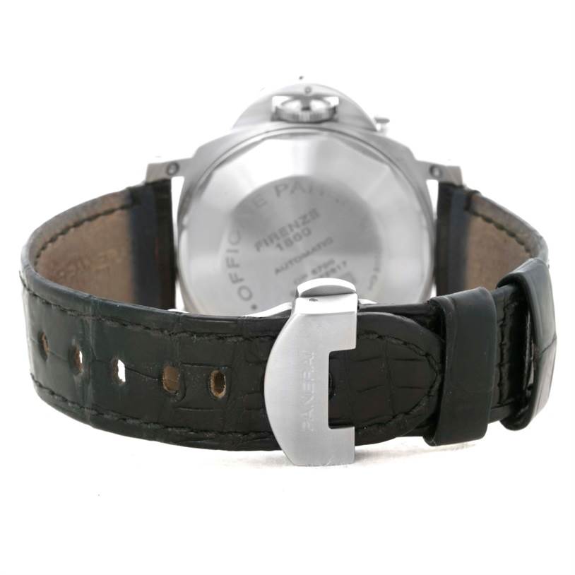 This image shows the back of the Panerai Luminor PAM00241 Men's Stainless Steel Black Dial PAM00241 Men's Stainless Steel Black Dial watch and its leather strap with a buckle clasp.