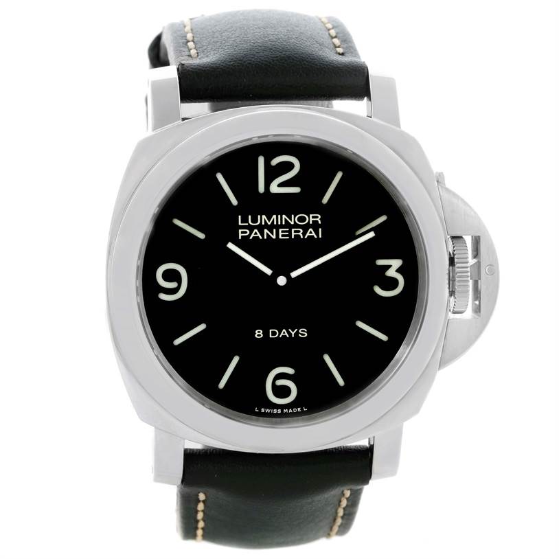The watch is a Panerai Luminor PAM00560 Men's Stainless Steel Black Dial PAM00560 Men's Stainless Steel Black Dial model shown from the front, highlighting the dial and black leather strap.
