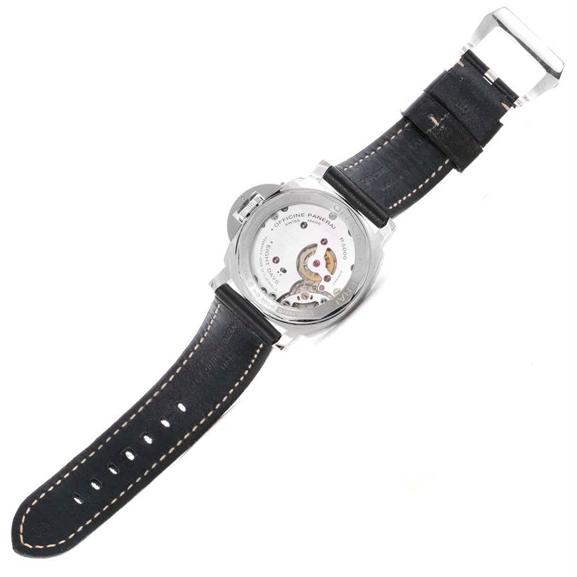 The image shows the back view of a Panerai Luminor PAM00560 Men's Stainless Steel Black Dial PAM00560 Men's Stainless Steel Black Dial watch, displaying its movement and black leather strap.