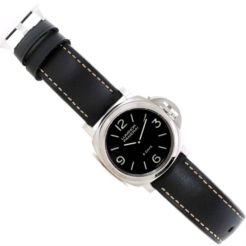 The image shows a top-down view of a Panerai Luminor PAM00560 Men's Stainless Steel Black Dial PAM00560 Men's Stainless Steel Black Dial watch, displaying its face, bezel, crown guard, and leather strap.