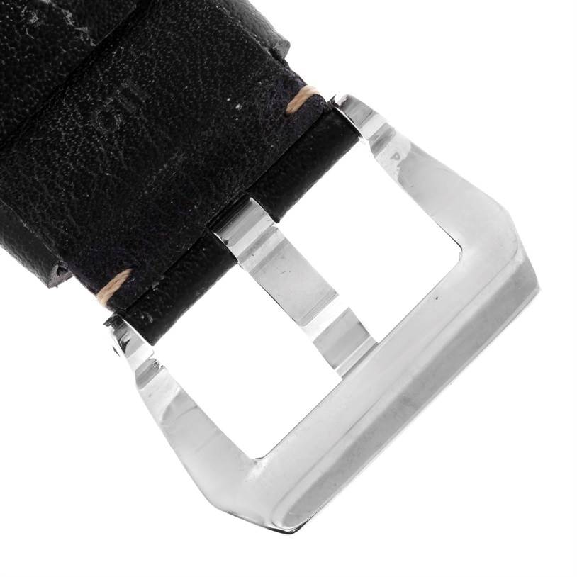 The image shows the buckle and end of the leather strap of a Panerai Luminor PAM00560 Men's Stainless Steel Black Dial PAM00560 Men's Stainless Steel Black Dial watch from a close-up angle.