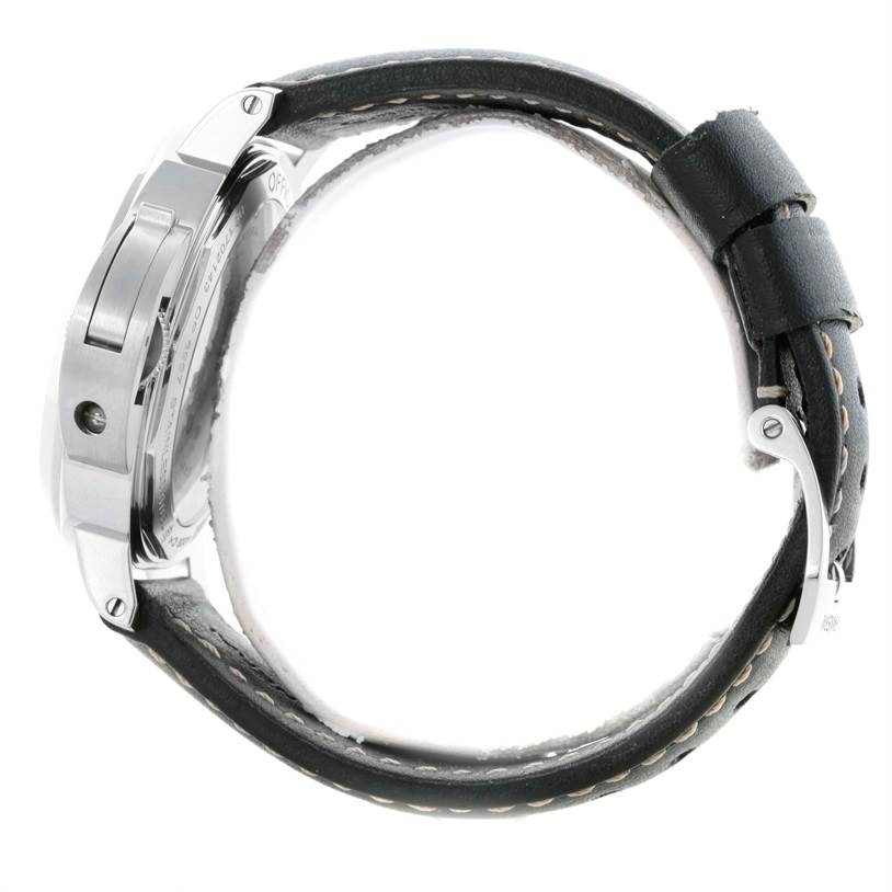 The image shows the side view of a Panerai Luminor PAM00560 Men's Stainless Steel Black Dial PAM00560 Men's Stainless Steel Black Dial watch, highlighting the case, crown guard, and leather strap with buckle.