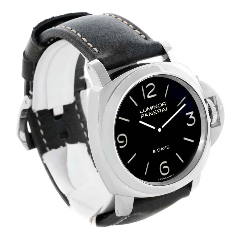 The image shows a side-front view of a Panerai Luminor PAM00560 Men's Stainless Steel Black Dial PAM00560 Men's Stainless Steel Black Dial watch, displaying its black dial, strap, and crown guard.
