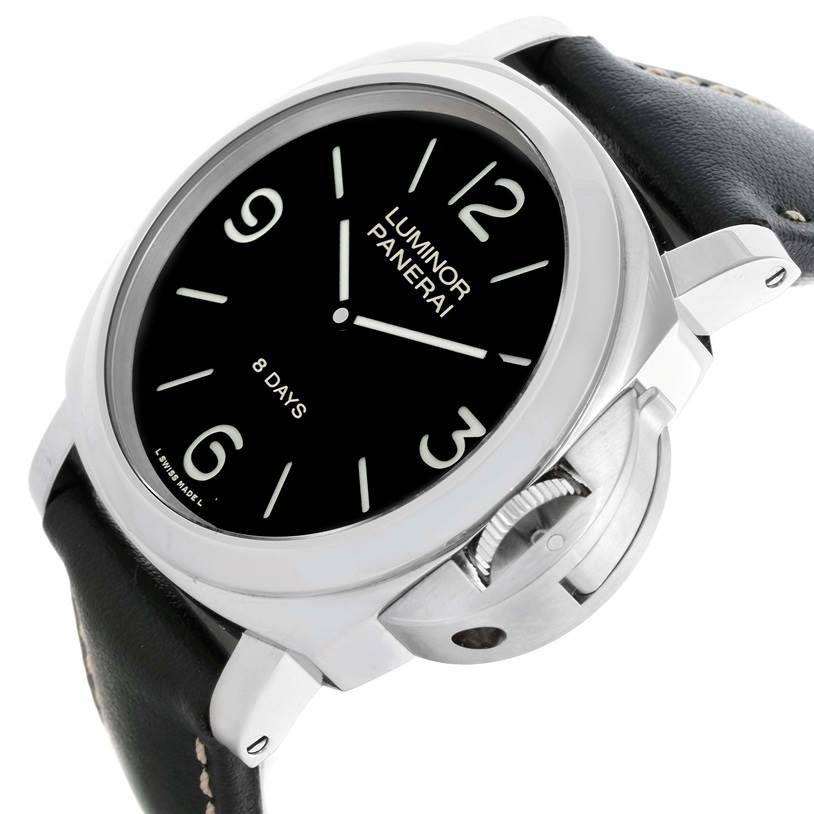 The Panerai Luminor PAM00560 Men's Stainless Steel Black Dial PAM00560 Men's Stainless Steel Black Dial watch is shown at an angled close-up, highlighting its black dial, casing, and crown guard.