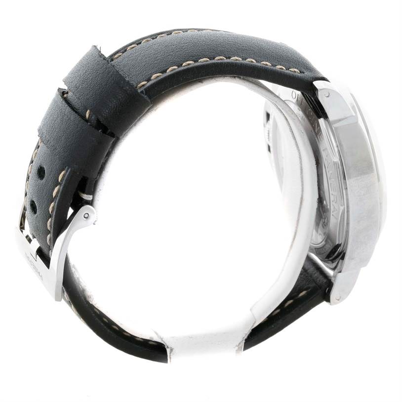 The image shows a side view of the Panerai Luminor PAM00560 Men's Stainless Steel Black Dial PAM00560 Men's Stainless Steel Black Dial watch, focusing on the leather strap and buckle.