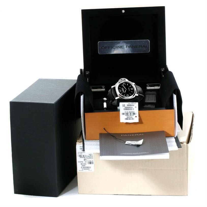 The image shows a Panerai Luminor PAM00560 Men's Stainless Steel Black Dial PAM00560 Men's Stainless Steel Black Dial watch in its open box, accompanied by its accessories and documents.