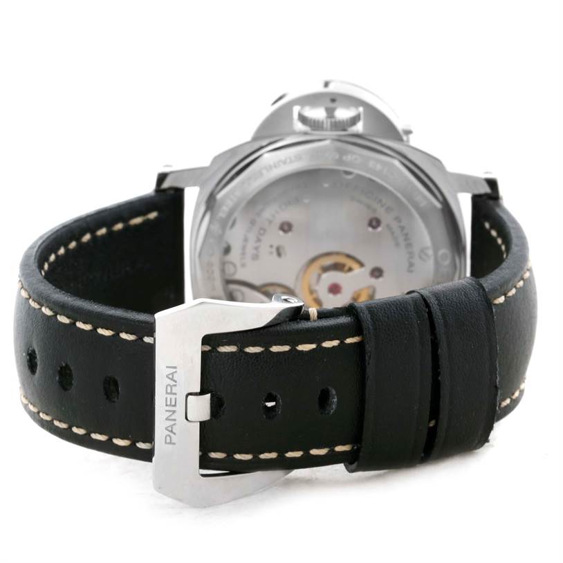 The image shows the back view of a Panerai Luminor PAM00560 Men's Stainless Steel Black Dial PAM00560 Men's Stainless Steel Black Dial watch, highlighting the leather strap and the mechanical movement through the transparent case back.