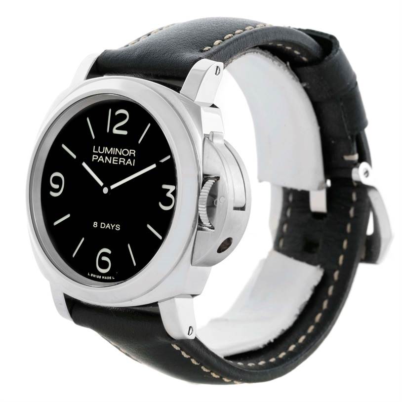 The image shows a side-angle view of a Panerai Luminor PAM00560 Men's Stainless Steel Black Dial PAM00560 Men's Stainless Steel Black Dial watch, featuring its black dial, case, crown guard, and black leather strap.