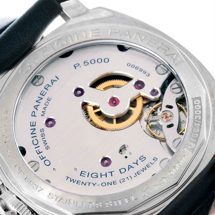 This image shows the back case and the movement mechanism of a Panerai Luminor PAM00560 Men's Stainless Steel Black Dial PAM00560 Men's Stainless Steel Black Dial model watch.