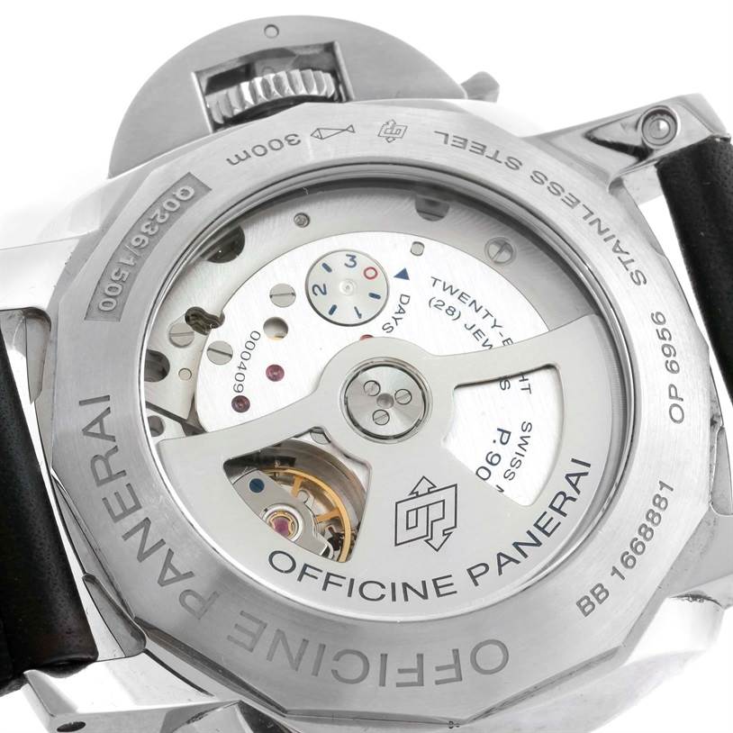 The image shows the back view of a Panerai Luminor PAM00531 Men's Stainless Steel Black Dial PAM00531 Men's Stainless Steel Black Dial watch, highlighting its exposed movement and branding engravings.