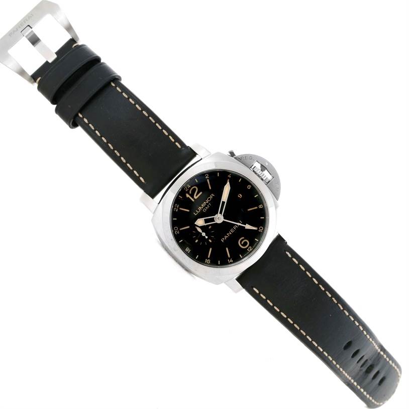 The image shows a Panerai Luminor PAM00531 Men's Stainless Steel Black Dial PAM00531 Men's Stainless Steel Black Dial watch from a top-down angle, highlighting the watch face, case, crown guard, and strap.