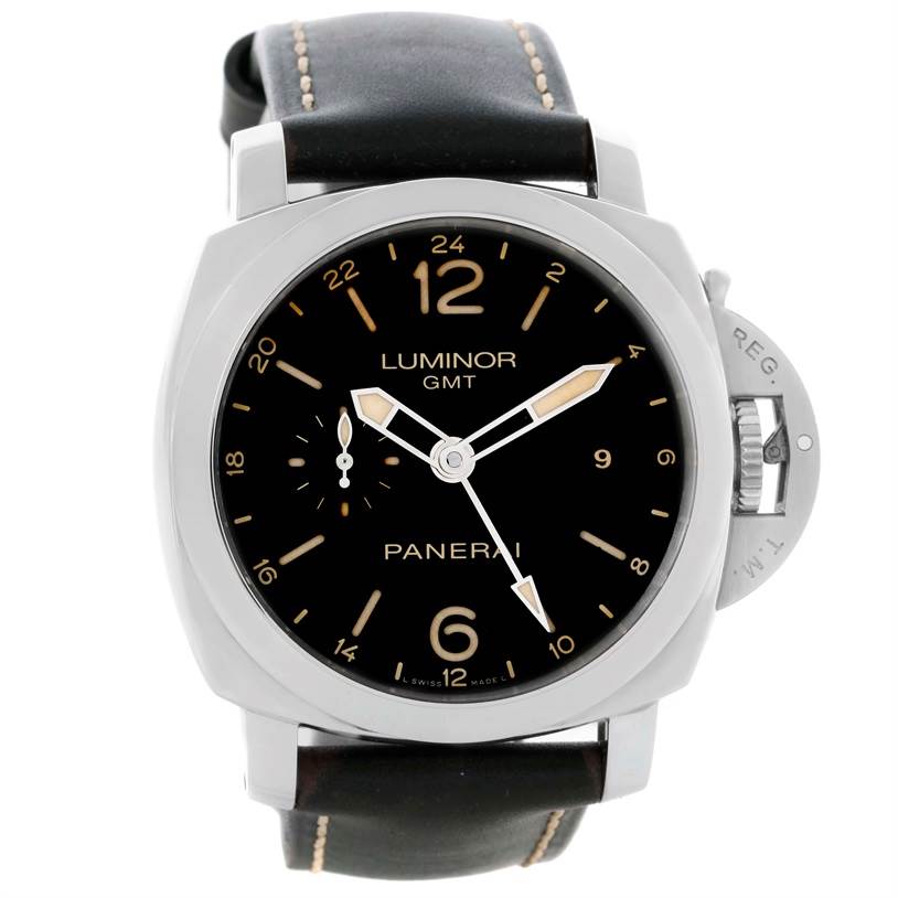 The image shows a front view of the Panerai Luminor PAM00531 Men's Stainless Steel Black Dial PAM00531 Men's Stainless Steel Black Dial GMT watch with its face, case, and leather strap visible.