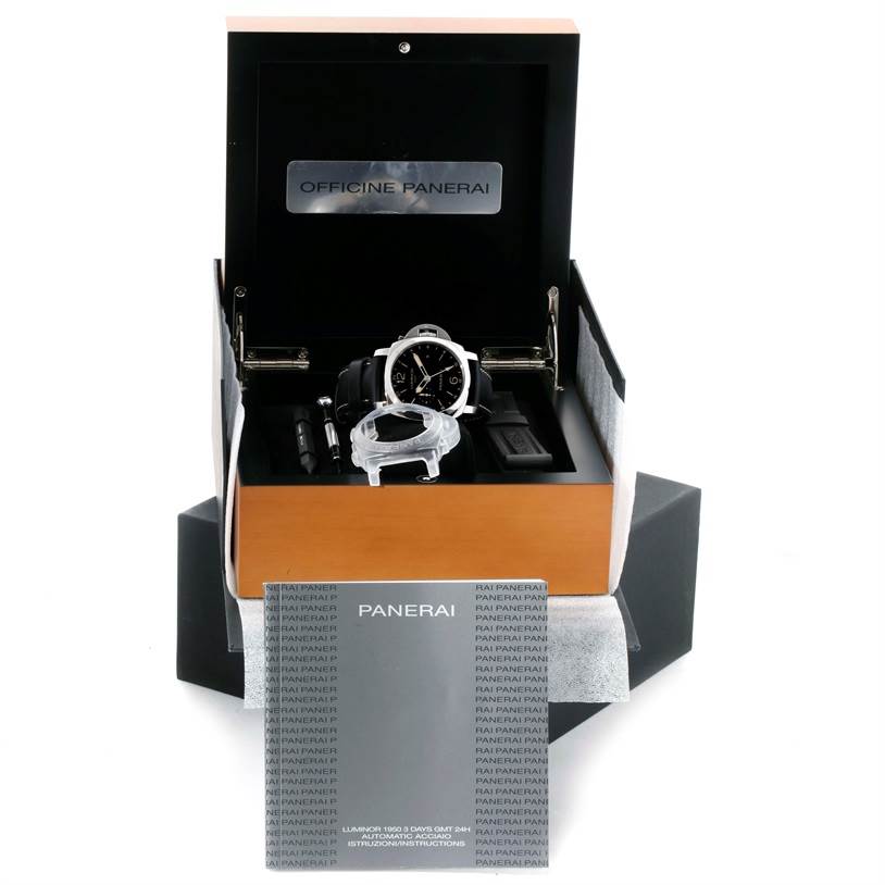 The photo shows a Panerai Luminor PAM00531 Men's Stainless Steel Black Dial PAM00531 Men's Stainless Steel Black Dial watch in its box with accessories, including straps, tools, and manuals, viewed from the front.