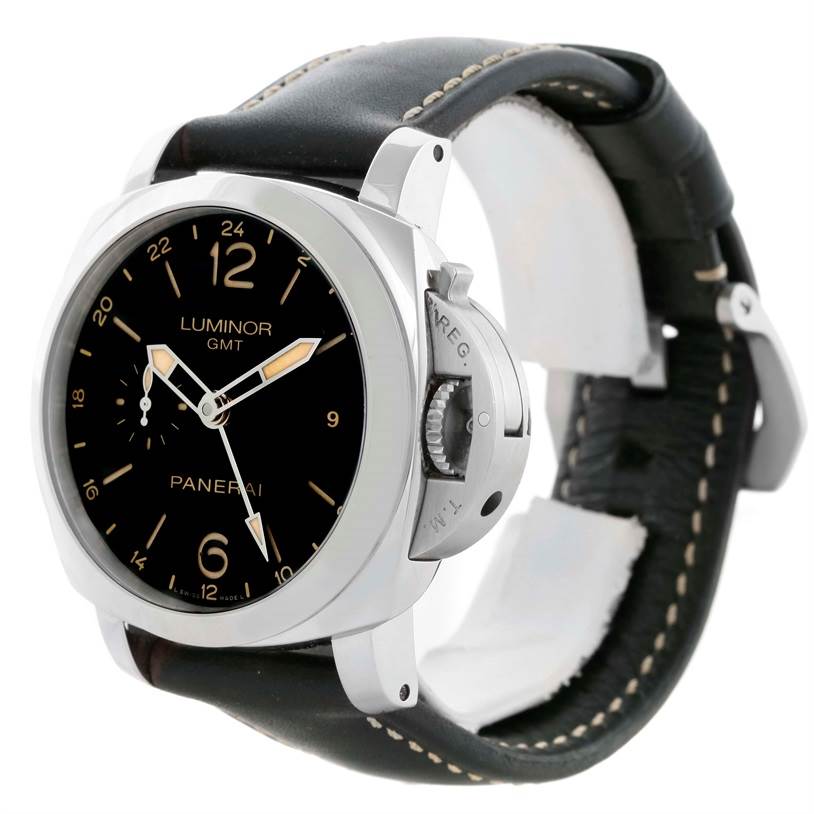 The image shows a Panerai Luminor PAM00531 Men's Stainless Steel Black Dial PAM00531 Men's Stainless Steel Black Dial GMT watch from an oblique right angle, highlighting the face, crown guard, and leather strap.