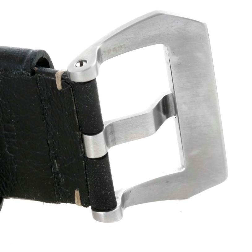 This image shows a close-up of the clasp and strap of a Panerai Luminor PAM00531 Men's Stainless Steel Black Dial PAM00531 Men's Stainless Steel Black Dial watch.