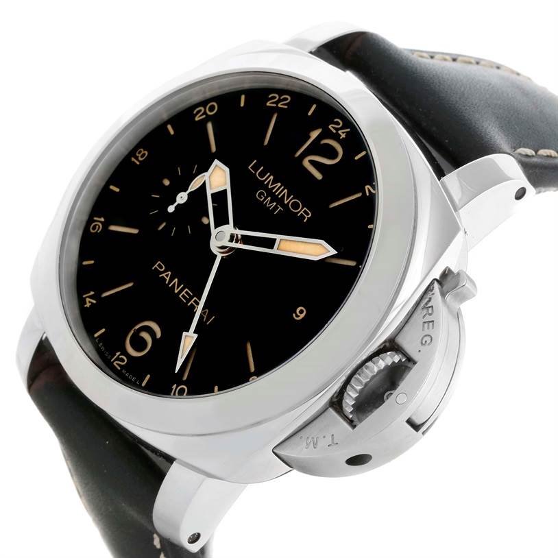 This Panerai Luminor PAM00531 Men's Stainless Steel Black Dial PAM00531 Men's Stainless Steel Black Dial model watch is shown at a slightly tilted angle, highlighting its face, bezel, and crown guard.