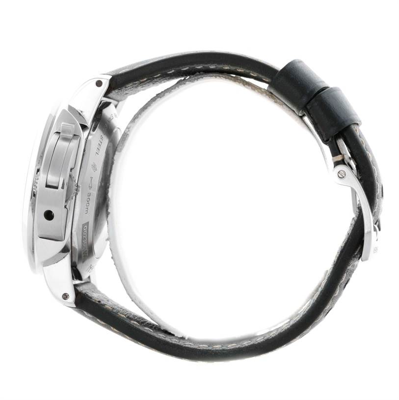 This image shows a side view of a Panerai Luminor PAM00531 Men's Stainless Steel Black Dial PAM00531 Men's Stainless Steel Black Dial watch, highlighting its case, crown guard, and leather strap.