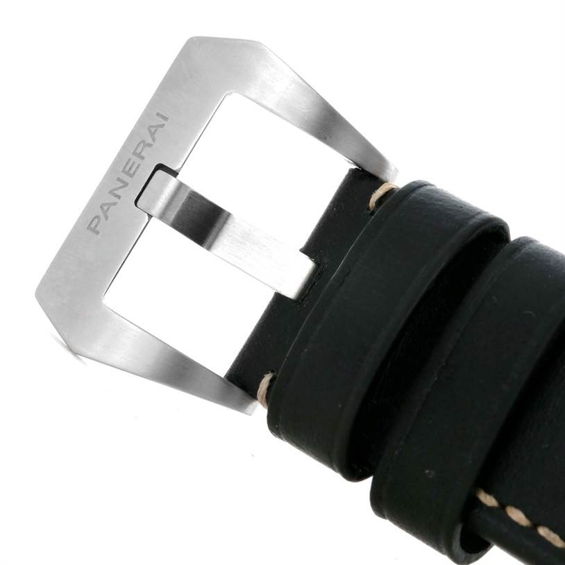 This image shows a close-up of the buckle and strap of a Panerai Luminor PAM00531 Men's Stainless Steel Black Dial PAM00531 Men's Stainless Steel Black Dial watch.
