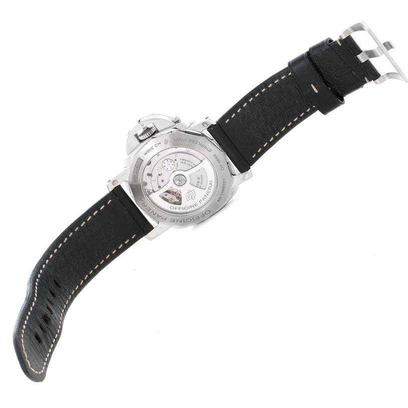 This image shows the back of a Panerai Luminor PAM00531 Men's Stainless Steel Black Dial PAM00531 Men's Stainless Steel Black Dial watch, displaying its case back and black leather strap.