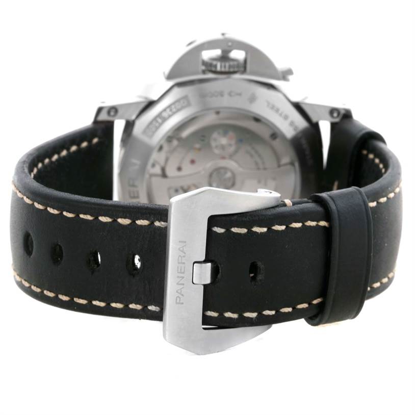 This image shows the rear view of a Panerai Luminor PAM00531 Men's Stainless Steel Black Dial PAM00531 Men's Stainless Steel Black Dial watch, highlighting its black leather strap and stainless steel buckle.