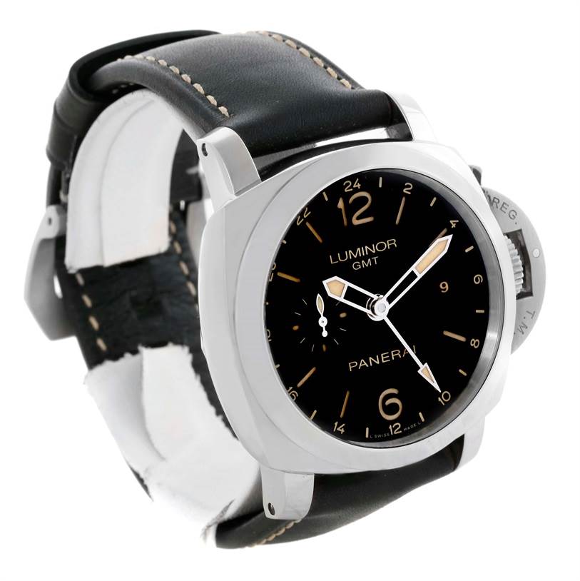 The image shows a Panerai Luminor PAM00531 Men's Stainless Steel Black Dial PAM00531 Men's Stainless Steel Black Dial GMT model watch angled to display its face, bezel, crown, and strap.