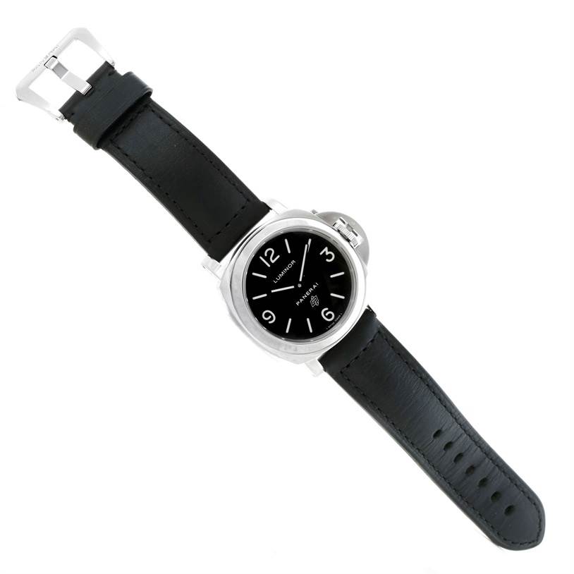 The image shows a top-down view of a Panerai Luminor PAM00000 Men's Stainless Steel Black Dial PAM00000 Men's Stainless Steel Black Dial watch, highlighting its face, leather strap, and clasp.