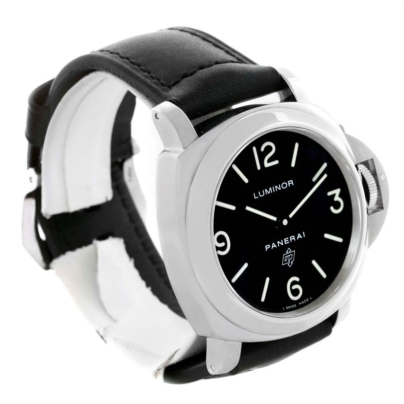 The image shows a Panerai Luminor PAM00000 Men's Stainless Steel Black Dial PAM00000 Men's Stainless Steel Black Dial watch at a three-quarter angle, highlighting the face, crown guard, and black leather strap.