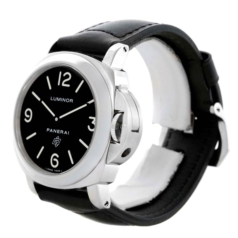 The image shows a Panerai Luminor PAM00000 Men's Stainless Steel Black Dial PAM00000 Men's Stainless Steel Black Dial watch at a three-quarter angle, highlighting the watch face, crown guard, and black leather strap.