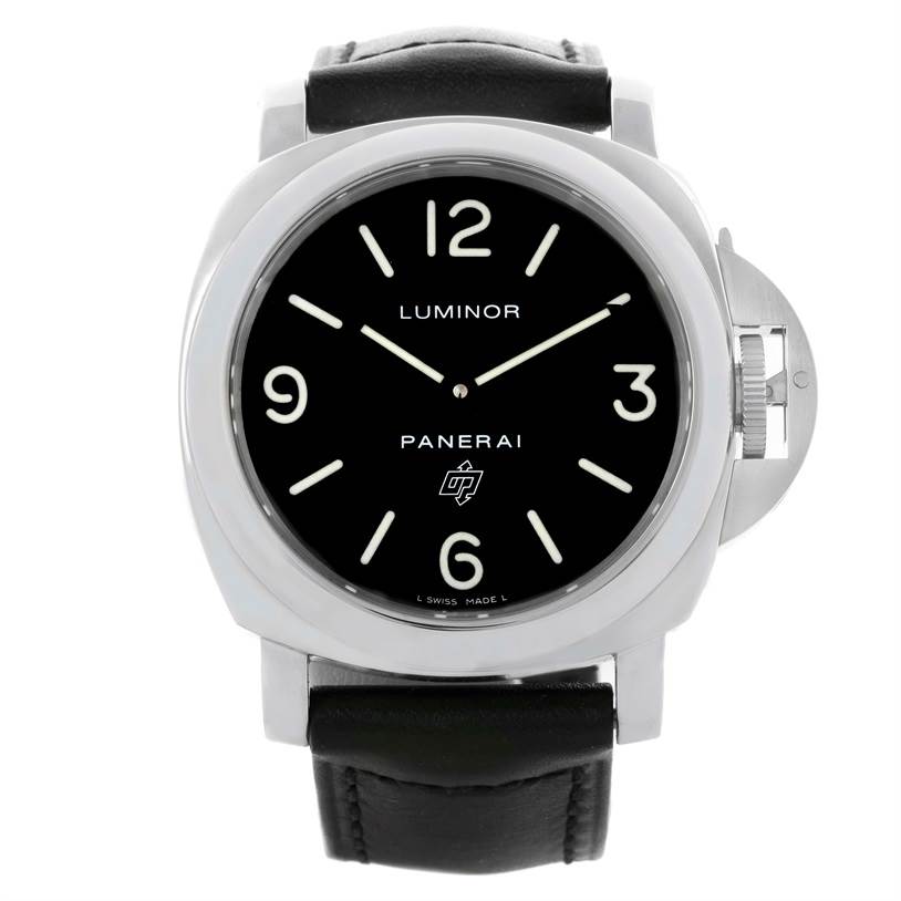 The image shows a frontal view of a Panerai Luminor PAM00000 Men's Stainless Steel Black Dial PAM00000 Men's Stainless Steel Black Dial watch, featuring its black dial, large numerals, and black leather strap.