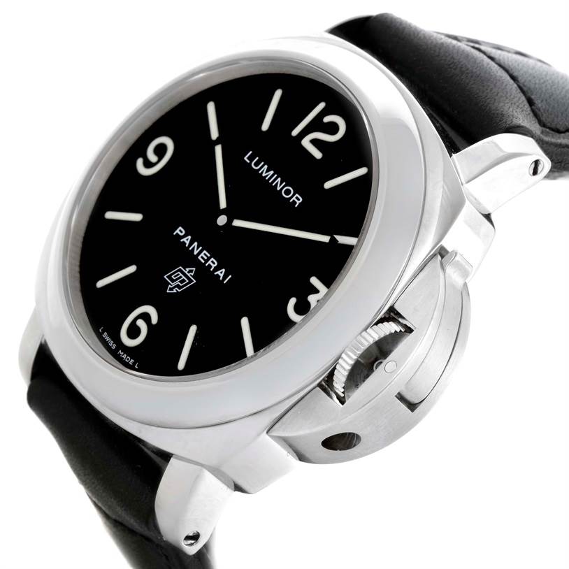 The image shows a Panerai Luminor PAM00000 Men's Stainless Steel Black Dial PAM00000 Men's Stainless Steel Black Dial watch at an angled close-up, highlighting the crown guard, dial, and part of the strap.