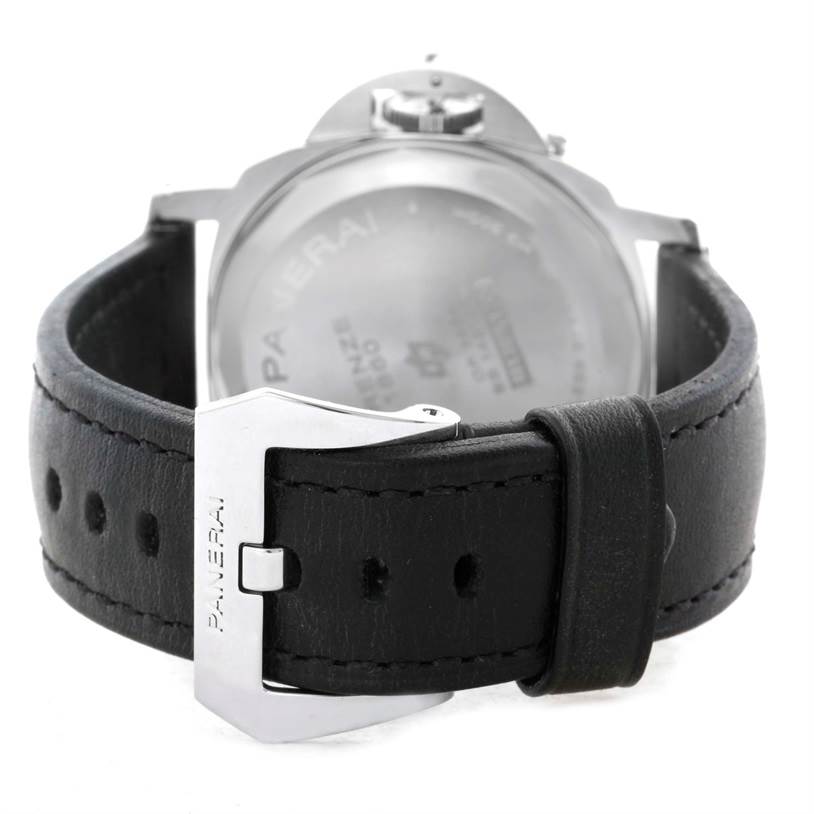 This image shows the back view of the Panerai Luminor PAM00000 Men's Stainless Steel Black Dial PAM00000 Men's Stainless Steel Black Dial watch, focusing on the case back and leather strap with a Panerai-branded buckle.