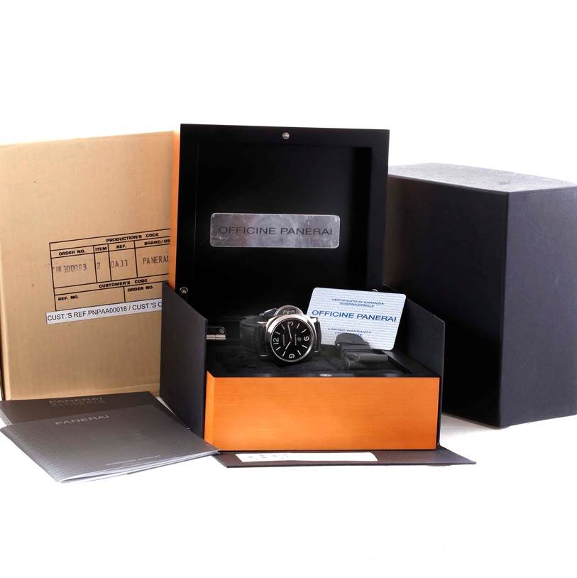 The image features a Panerai Luminor PAM00000 Men's Stainless Steel Black Dial PAM00000 Men's Stainless Steel Black Dial watch, its original box, documentation, and accessories.