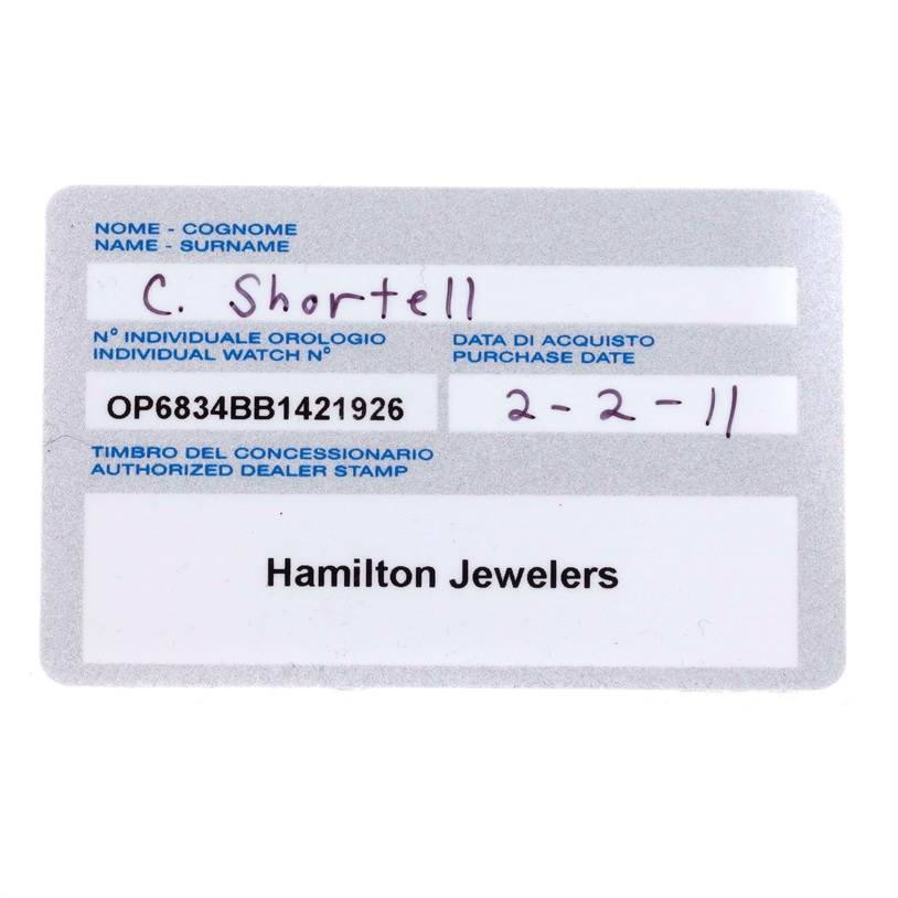 This image shows the warranty card for a Panerai Luminor PAM00000 Men's Stainless Steel Black Dial PAM00000 Men's Stainless Steel Black Dial model watch.