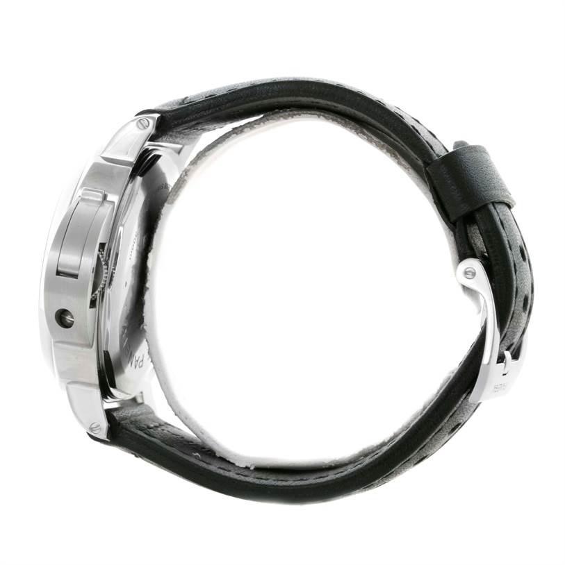 The image shows a side profile of a Panerai Luminor PAM00000 Men's Stainless Steel Black Dial PAM00000 Men's Stainless Steel Black Dial watch, highlighting the crown guard and leather strap.