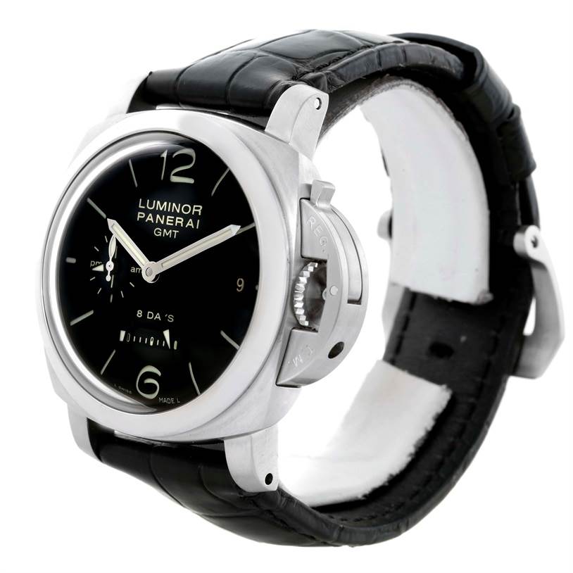 The image shows a Panerai Luminor PAM00233 Men's Stainless Steel Black Dial PAM00233 Men's Stainless Steel Black Dial watch at a slight angle, highlighting its face, crown guard, and leather strap.