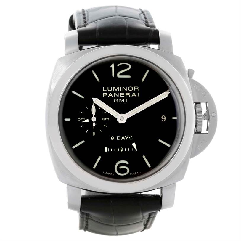 The image shows a frontal view of a Panerai Luminor PAM00233 Men's Stainless Steel Black Dial PAM00233 Men's Stainless Steel Black Dial GMT watch, highlighting the dial, hands, and case.
