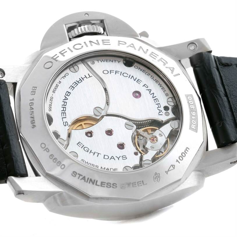 The image shows the back of the Panerai Luminor PAM00233 Men's Stainless Steel Black Dial PAM00233 Men's Stainless Steel Black Dial watch, highlighting the inner mechanical parts and "Officine Panerai" engraved.