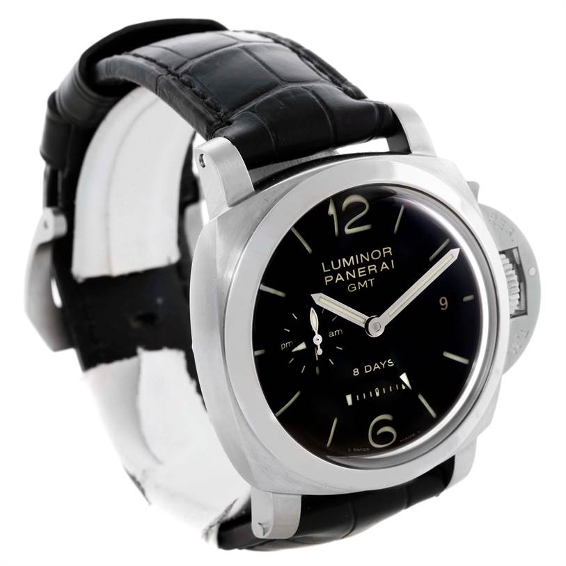 The image shows a Panerai Luminor PAM00233 Men's Stainless Steel Black Dial PAM00233 Men's Stainless Steel Black Dial GMT watch at a slight angle, highlighting the face, crown guard, and leather strap.