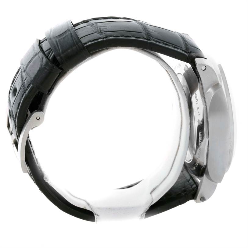 This image shows a side view of a Panerai Luminor PAM00233 Men's Stainless Steel Black Dial PAM00233 Men's Stainless Steel Black Dial watch, highlighting its strap and case back.