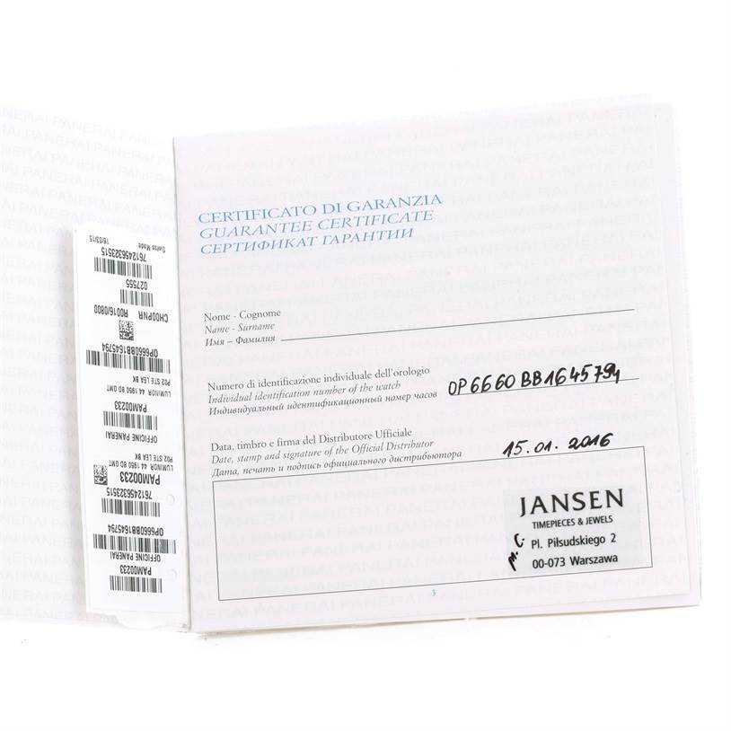 The image shows a close-up of a guarantee certificate for a Panerai Luminor PAM00233 Men's Stainless Steel Black Dial PAM00233 Men's Stainless Steel Black Dial watch.