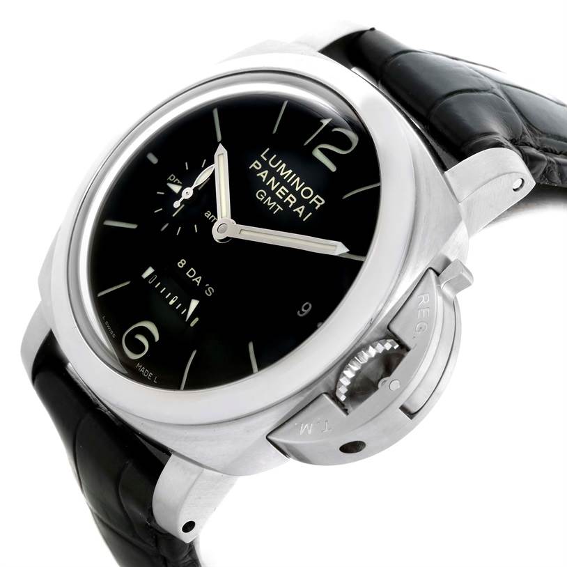This image shows a Luminor model watch by Panerai at a slight angle, displaying the case, dial, crown guard, and leather strap.