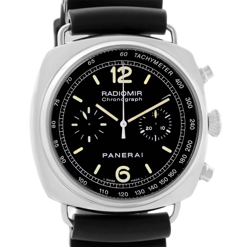 The image shows a front view of the Panerai Radiomir PAM00288 Men's Stainless Steel Black Dial PAM00288 Men's Stainless Steel Black Dial Chronograph watch, displaying its dial, tachymeter, and strap.